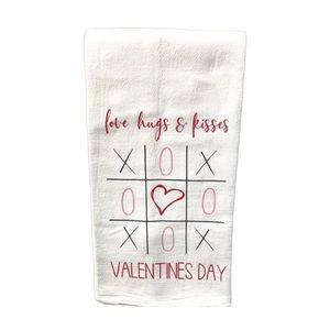 Valentine’s Day decor handmade kitchen tea towel tic tac toe love hugs & kisses